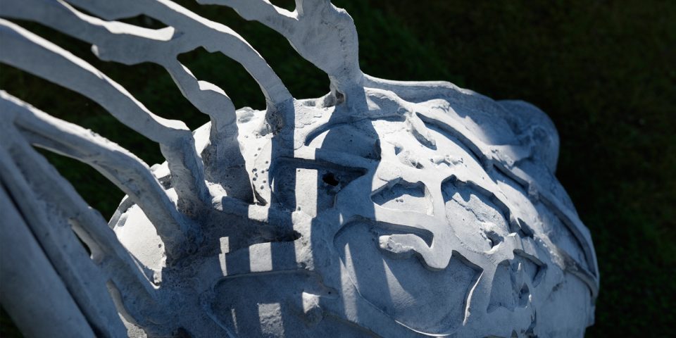 Detail of the sculpture's seed part with its orgainc shape, ridges and raised patterned surface.