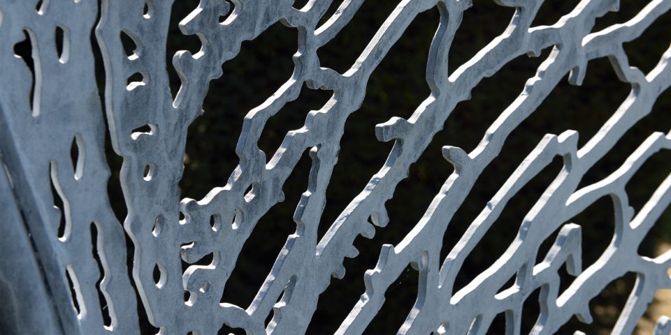 Detail of the intricate cut through pattern of the skeleton leaf made in 8mm thick zinc coated steel.