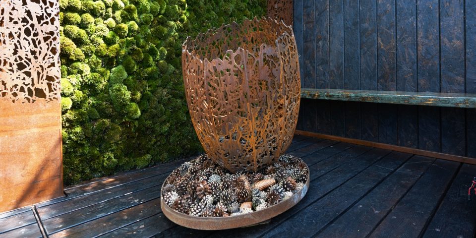A Small Filigree Fire Basket on the Garden Steel Sculptures trade stand at RHS Chelsea Flower Show 2019