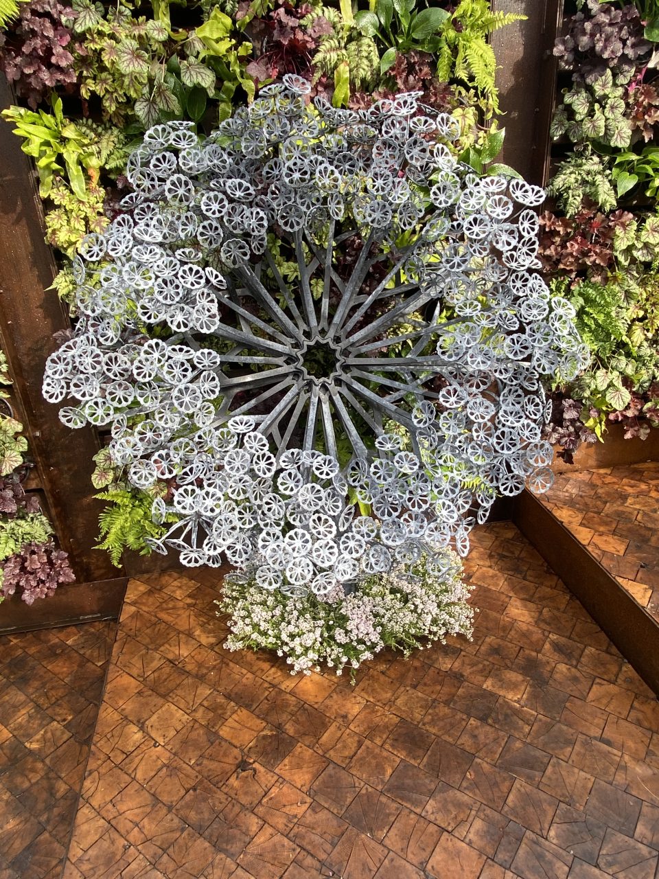 Aura sculpture at the RHS Chelsea Flower Show set into wood decking and seen against a living wall.