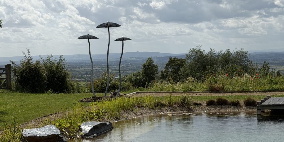A silhouette of three mushroom sculptures set against an open sky and a valley below.
