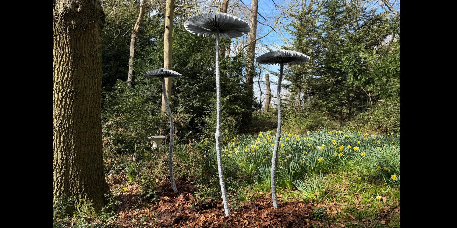 Three metal mushroom sculptures, each a different height, in an open woodland setting.